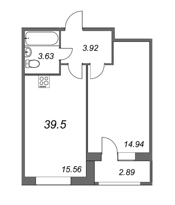 2-комнатная (Евро) квартира, 39 м² - планировка, фото №1