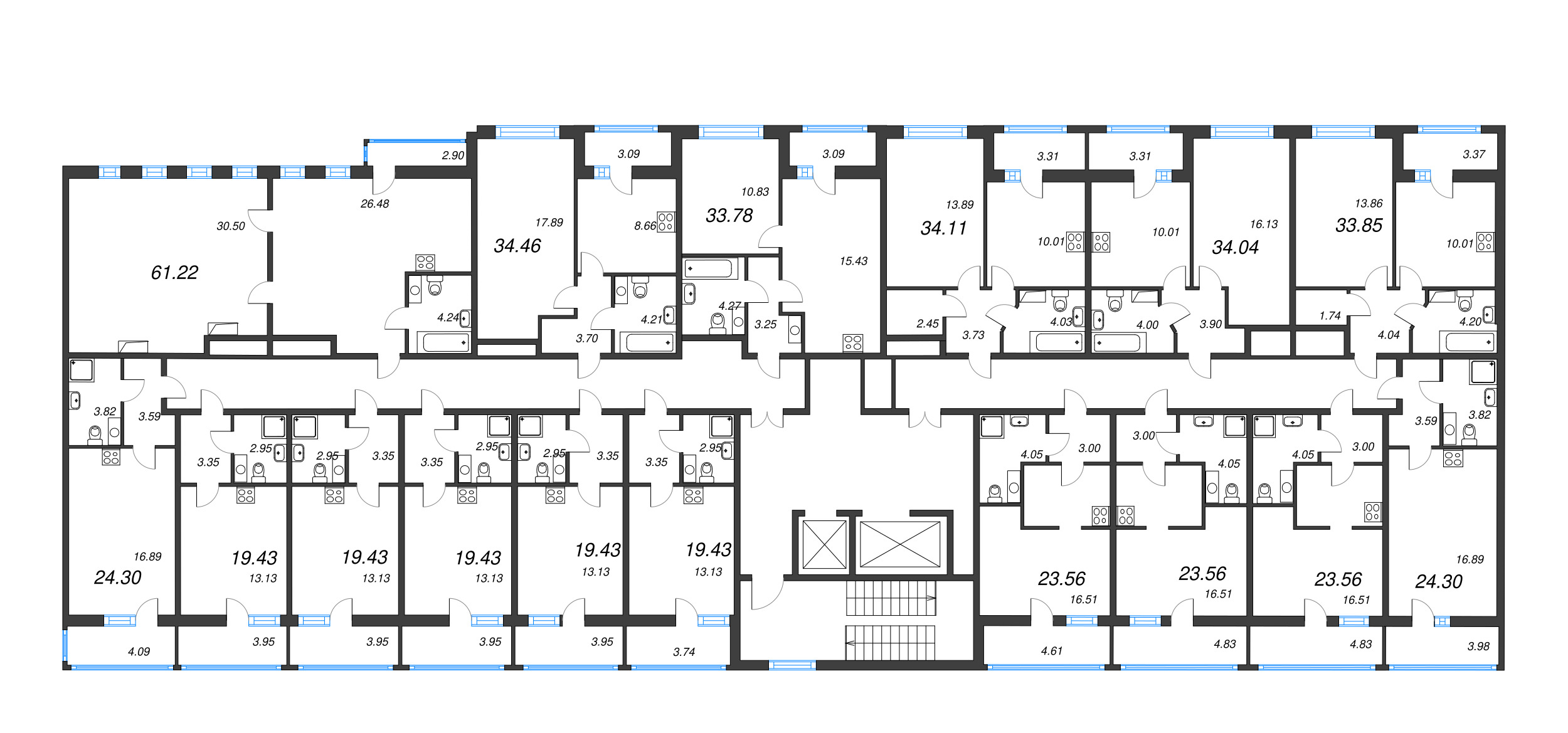 3-комнатная (Евро) квартира, 61.22 м² - планировка этажа