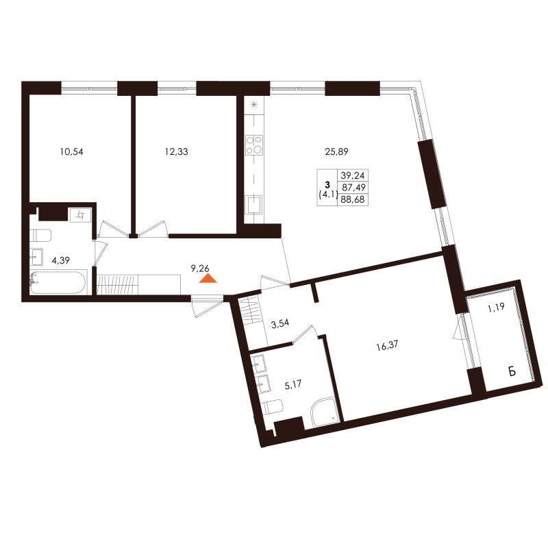 4-комнатная (Евро) квартира, 88.68 м² - планировка, фото №1