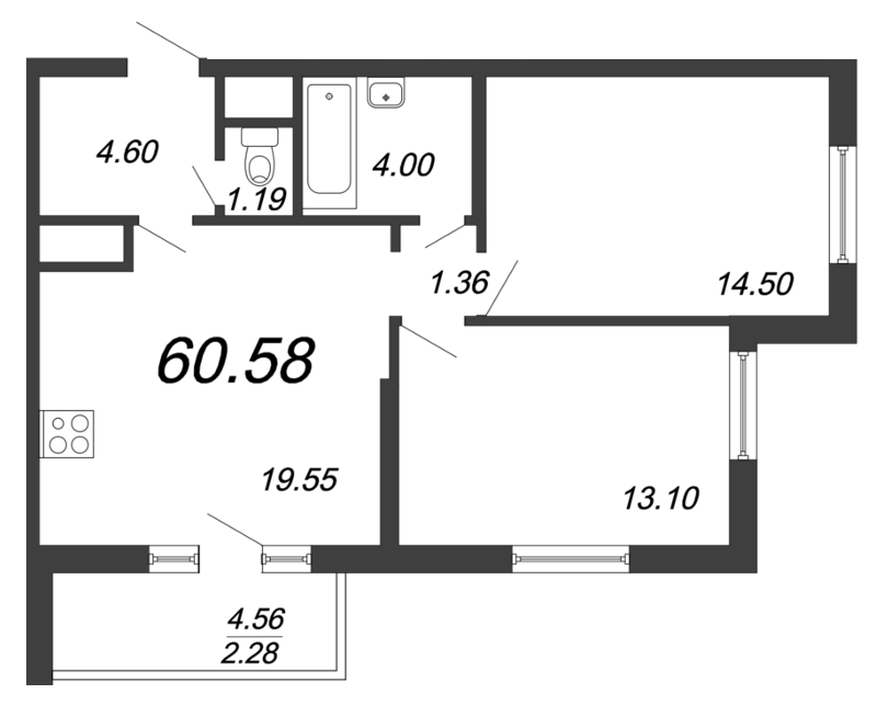 3-комнатная (Евро) квартира, 61 м² - планировка, фото №1