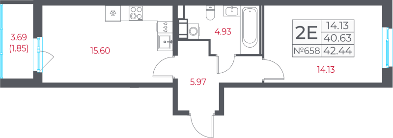 2-комнатная (Евро) квартира, 42.44 м² в ЖК "Город-спутник Южный" - планировка, фото №1