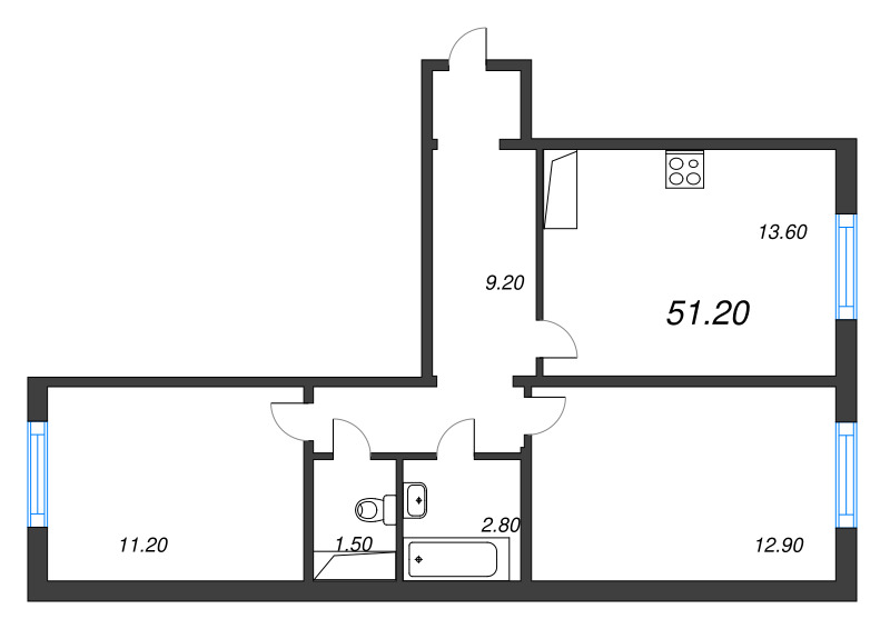 2-комнатная квартира, 51.2 м² в ЖК "ЛСР. Ржевский парк" - планировка, фото №1