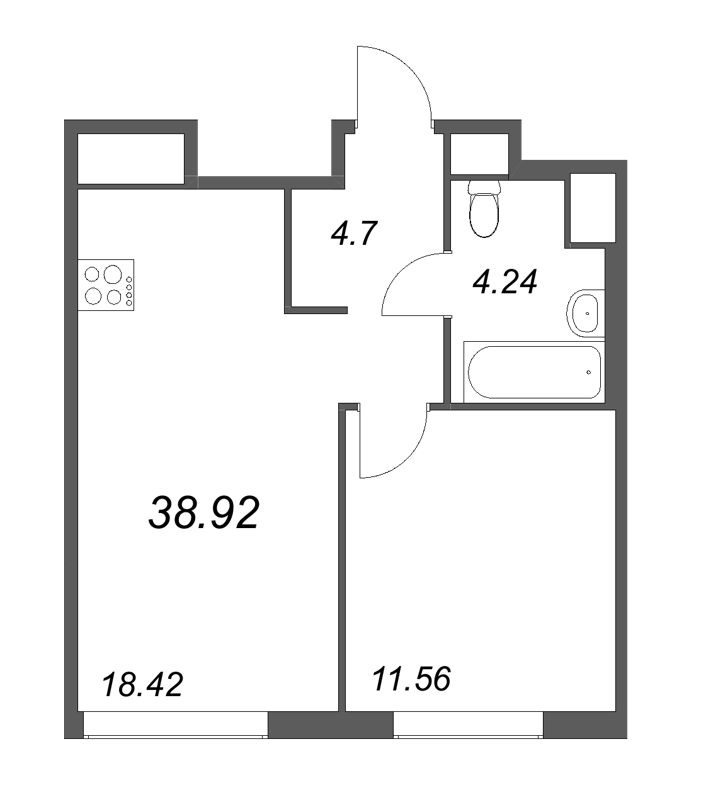 2-комнатная (Евро) квартира, 38.92 м² в ЖК "GloraX Василеостровский" - планировка, фото №1