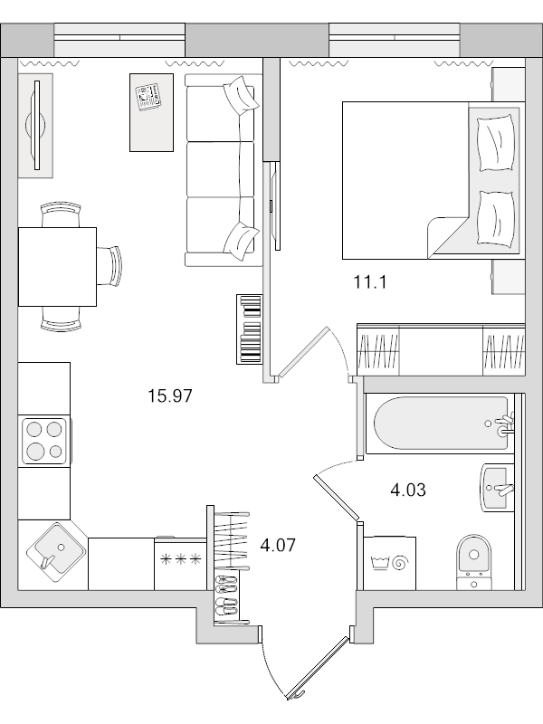 2-комнатная (Евро) квартира, 35.17 м² - планировка, фото №1