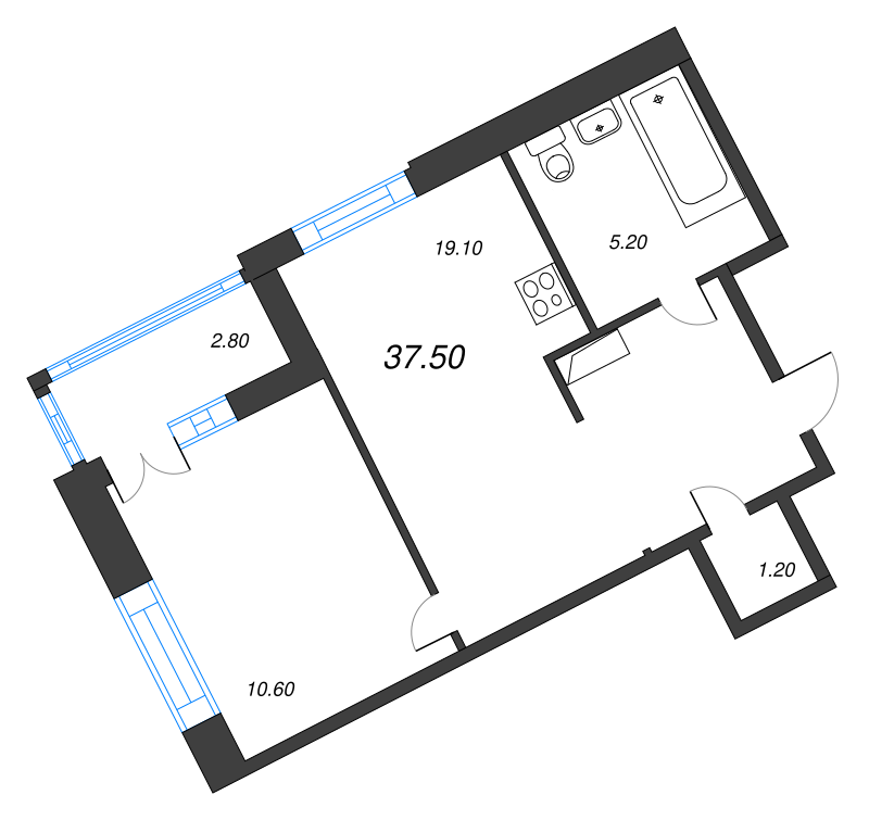 1-комнатная квартира, 37.5 м² в ЖК "NewПитер 2.0" - планировка, фото №1