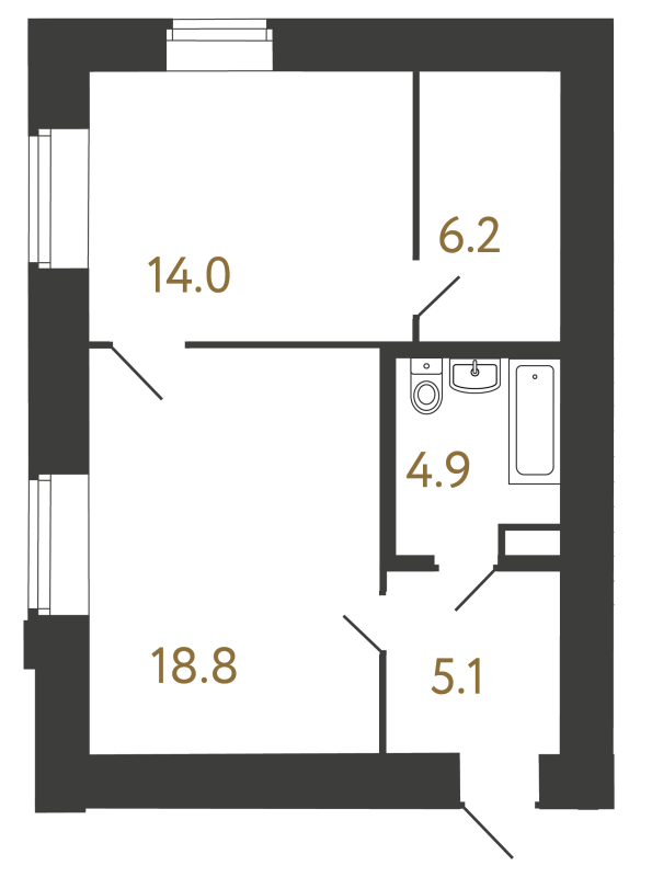 2-комнатная (Евро) квартира, 49 м² в ЖК "Типография" - планировка, фото №1