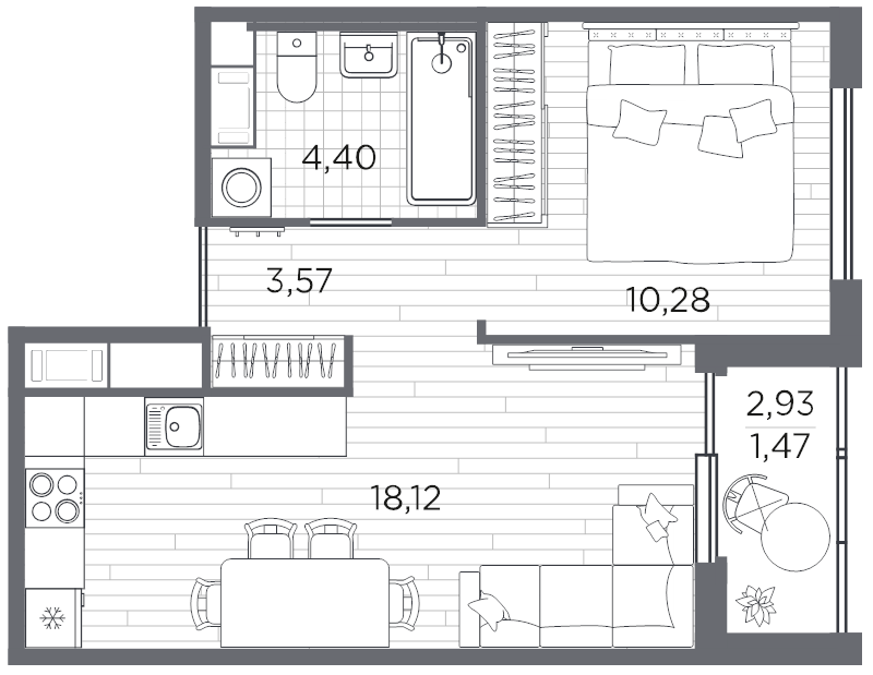 2-комнатная (Евро) квартира, 37.84 м² в ЖК "PLUS Пулковский" - планировка, фото №1