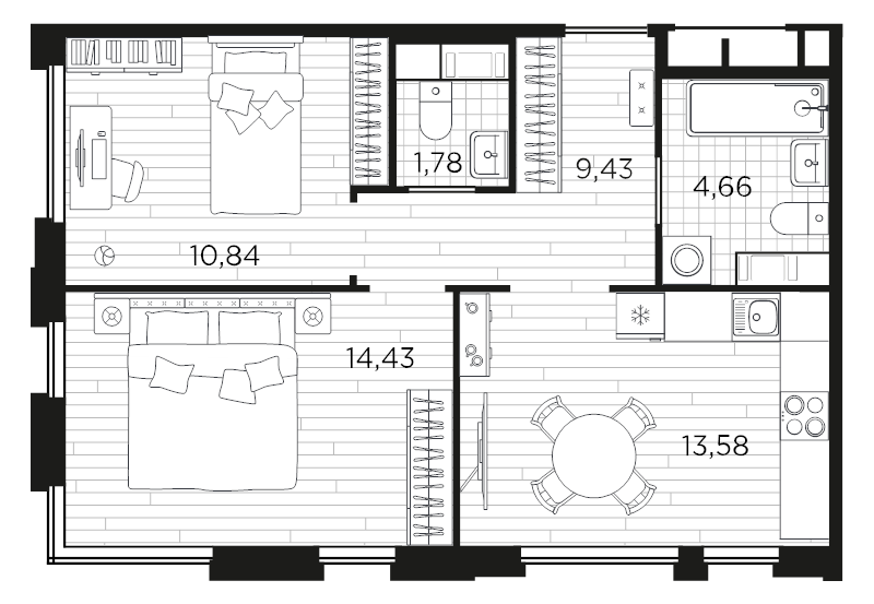 2-комнатная квартира, 54.72 м² в ЖК "PLUS Пулковский" - планировка, фото №1