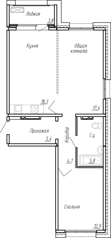 3-комнатная (Евро) квартира, 67.7 м² в ЖК "Сибирь" - планировка, фото №1