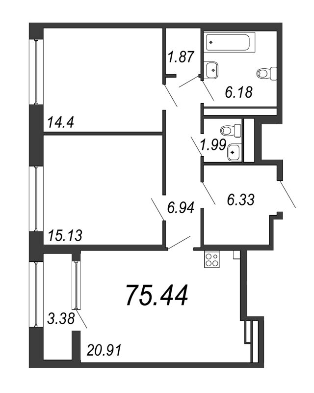 3-комнатная (Евро) квартира, 75.3 м² в ЖК "Дефанс Премиум" - планировка, фото №1