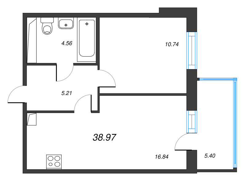 2-комнатная (Евро) квартира, 38.97 м² в ЖК "IQ Гатчина" - планировка, фото №1
