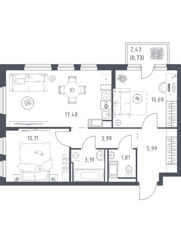 3-комнатная (Евро) квартира, 53.99 м² в ЖК "Новое Колпино" - планировка, фото №1