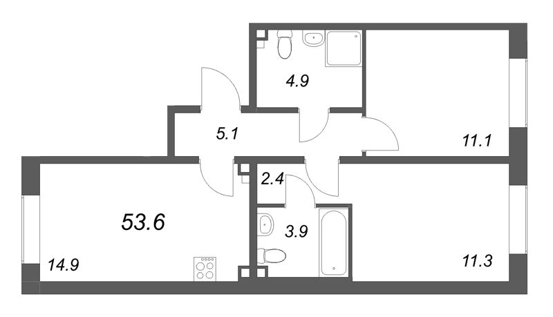 2-комнатная квартира, 53.6 м² в ЖК "Пулково Lake" - планировка, фото №1