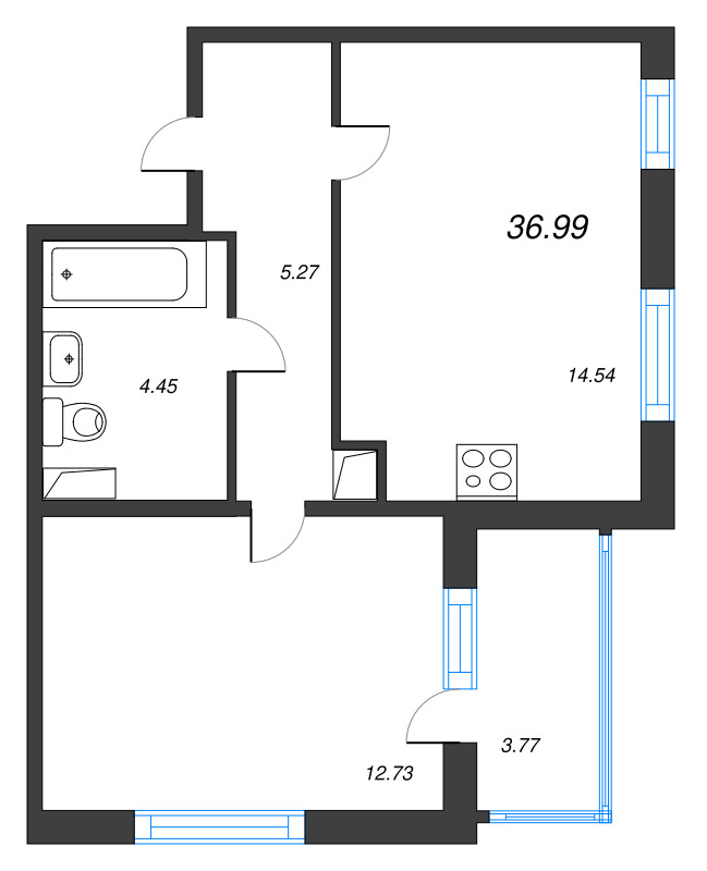 1-комнатная квартира, 36.99 м² в ЖК "ЮгТаун" - планировка, фото №1
