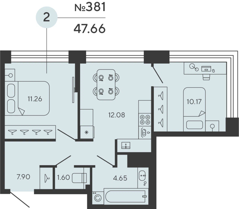 2-комнатная квартира, 47.66 м² в ЖК "Bashni Element" - планировка, фото №1