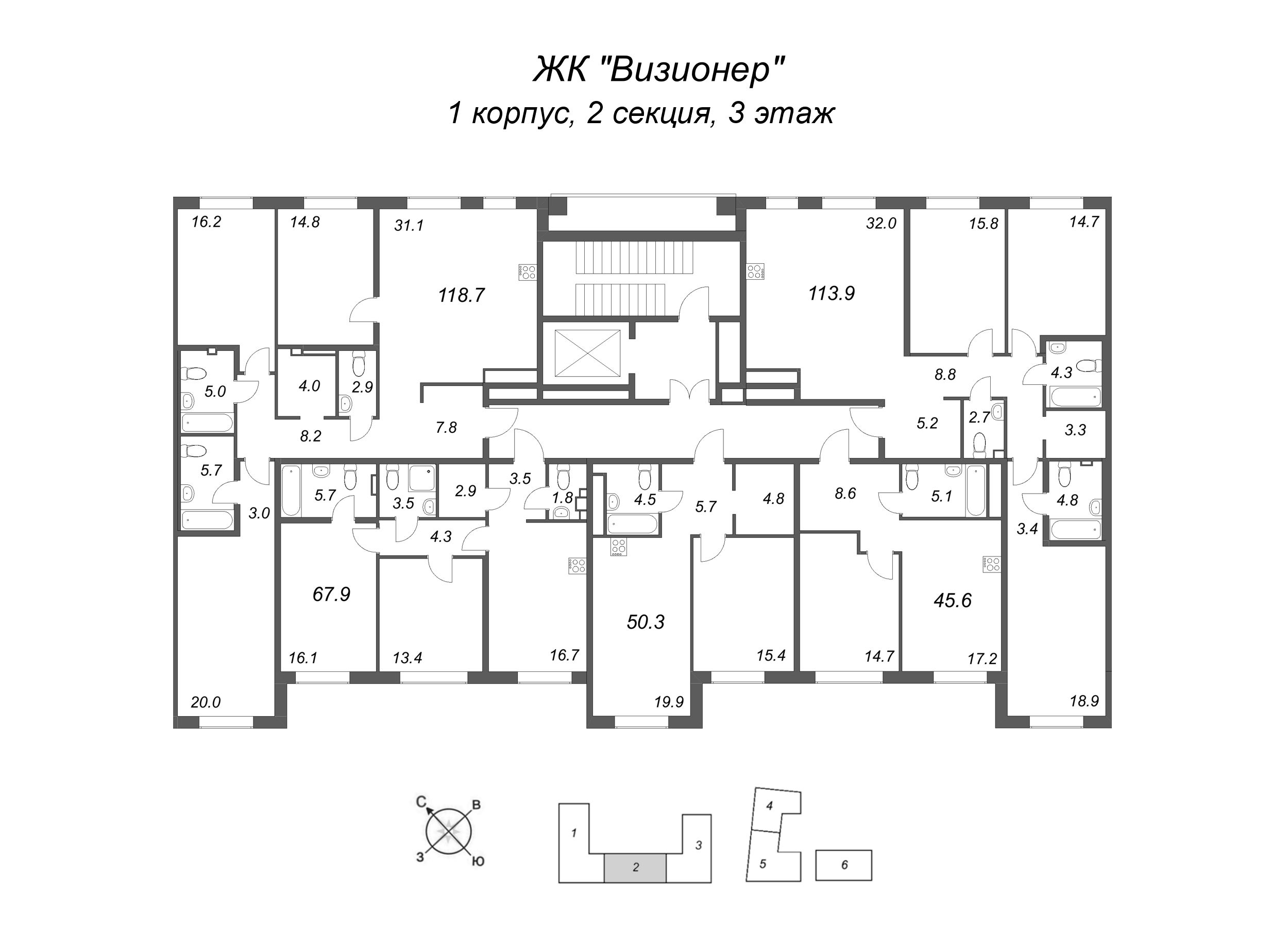 2-комнатная (Евро) квартира, 45.6 м² в ЖК "Визионер" - планировка этажа
