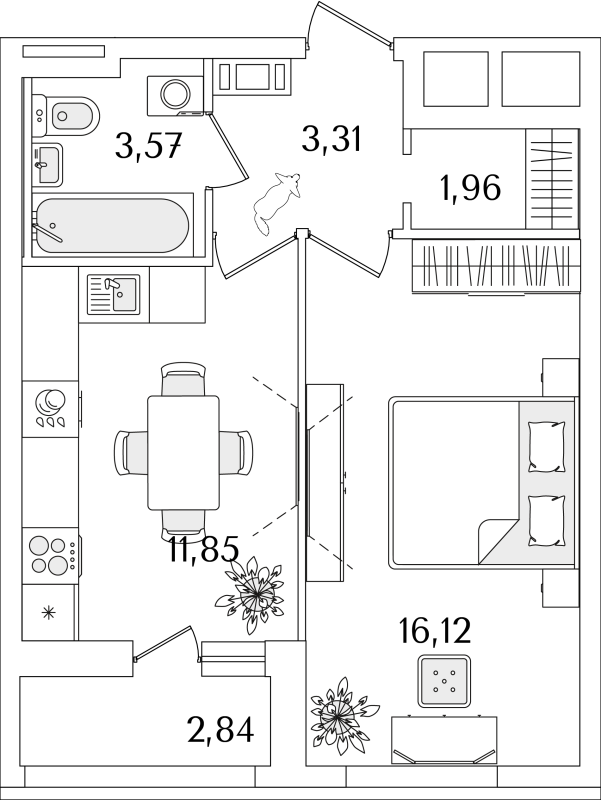 1-комнатная квартира, 38.23 м² - планировка, фото №1