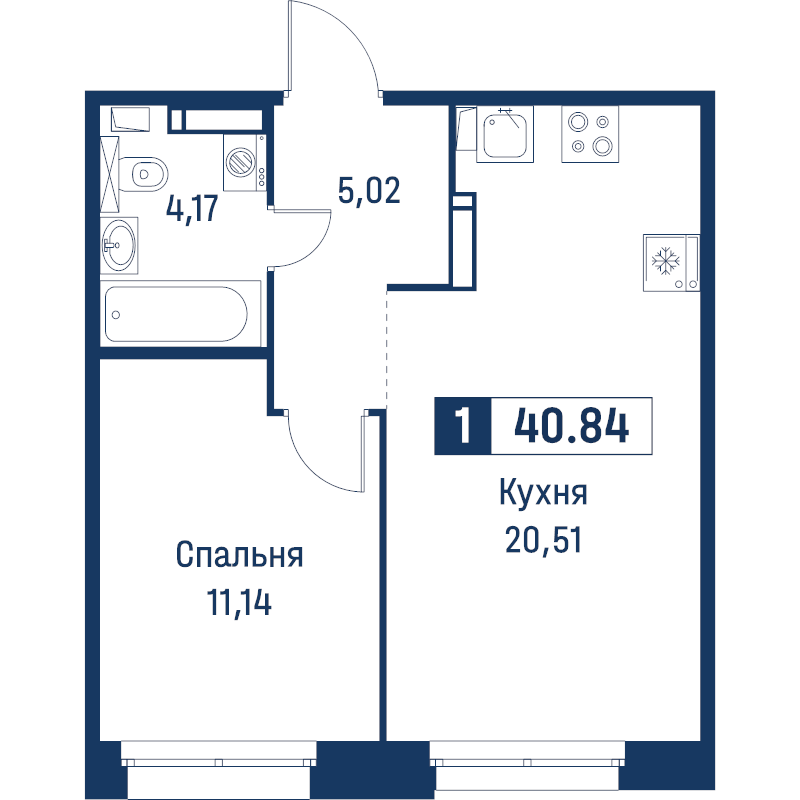 2-комнатная (Евро) квартира, 40.84 м² в ЖК "Символист" - планировка, фото №1