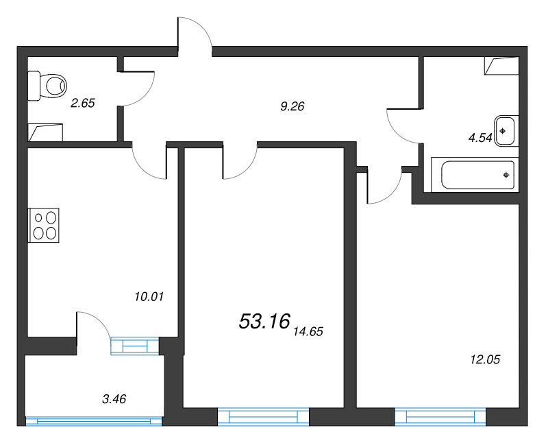 2-комнатная квартира, 53.16 м² в ЖК "Ясно.Янино" - планировка, фото №1