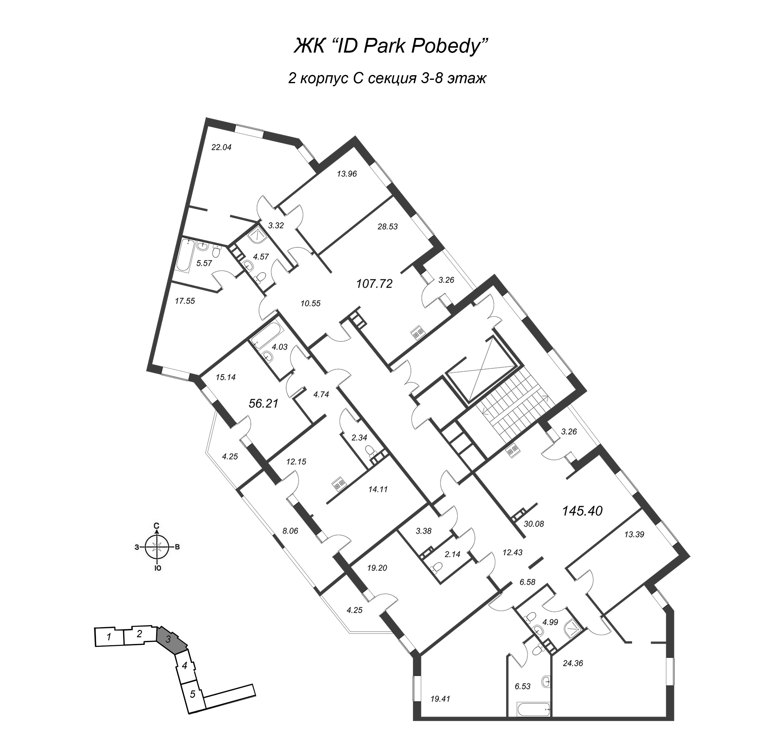 4-комнатная (Евро) квартира, 107.72 м² в ЖК "ID Park Pobedy" - планировка этажа