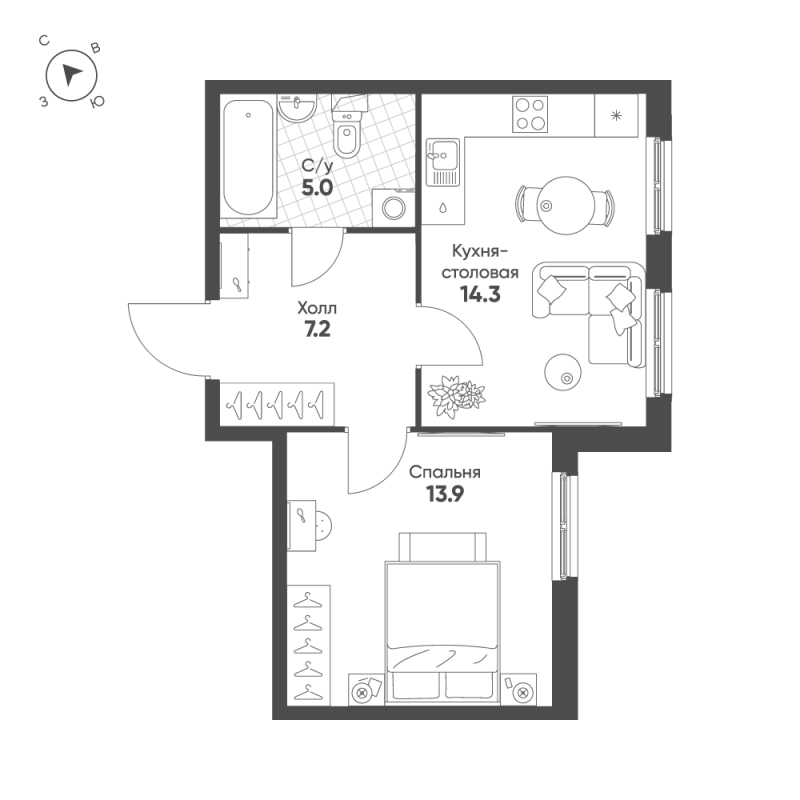 1-комнатная квартира, 40.4 м² в ЖК "Клюква.Парк" - планировка, фото №1