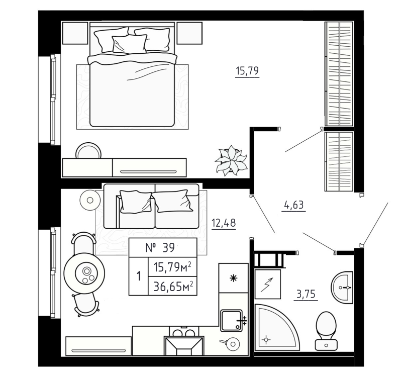 1-комнатная квартира, 36.65 м² в ЖК "Аннино Сити" - планировка, фото №1