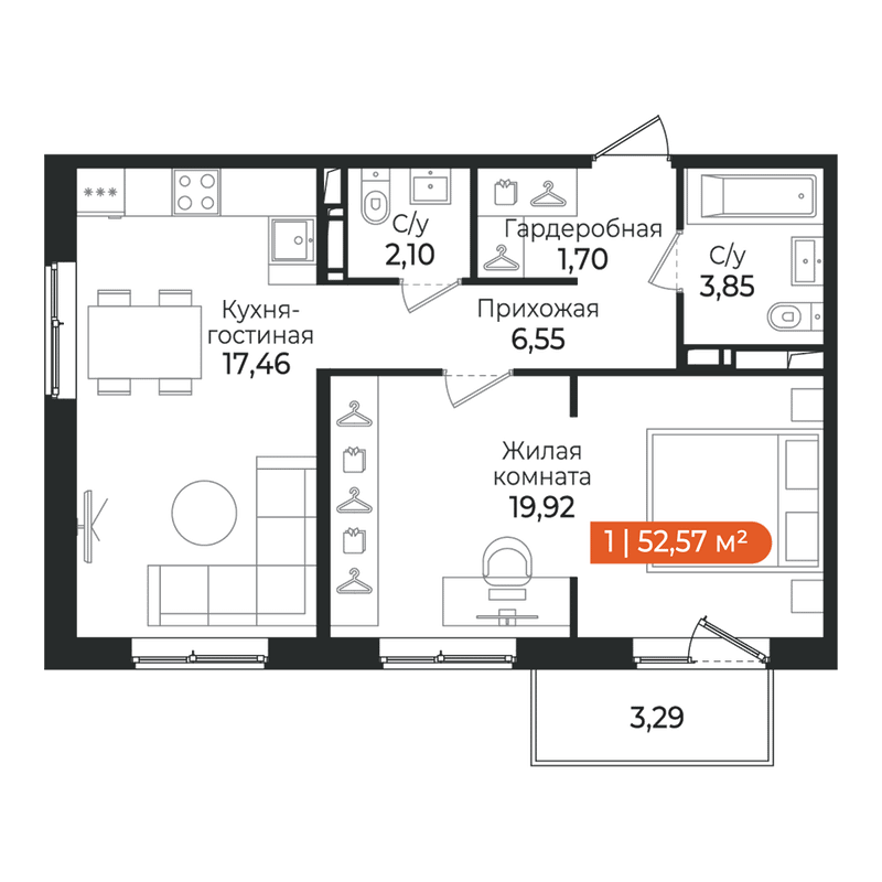 2-комнатная (Евро) квартира, 52.57 м² в ЖК "Алгоритм Квинта" - планировка, фото №1