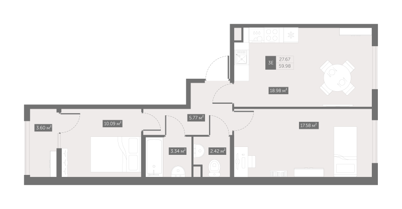 3-комнатная (Евро) квартира, 59.98 м² - планировка, фото №1