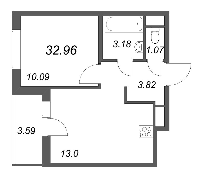 1-комнатная квартира, 32.96 м² в ЖК "Аэросити Лайф" - планировка, фото №1