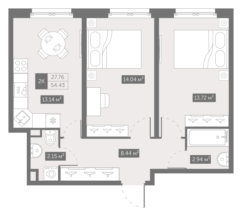 2-комнатная квартира, 54.6 м² в ЖК "Зум на Неве" - планировка, фото №1