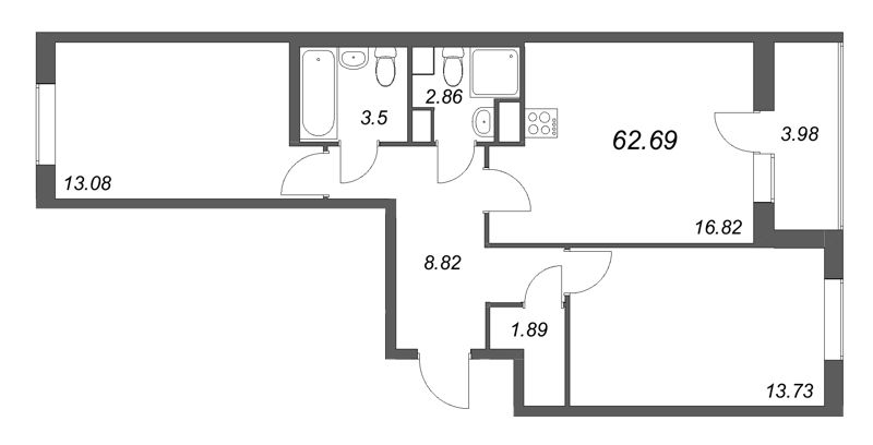 3-комнатная (Евро) квартира, 62.69 м² в ЖК "Кинопарк" - планировка, фото №1