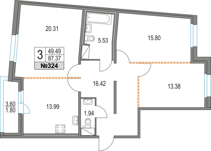 3-комнатная квартира, 87.37 м² в ЖК "Приморский квартал" - планировка, фото №1