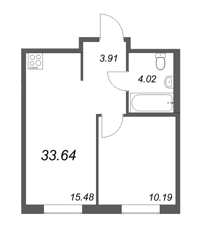 2-комнатная (Евро) квартира, 33.64 м² - планировка, фото №1