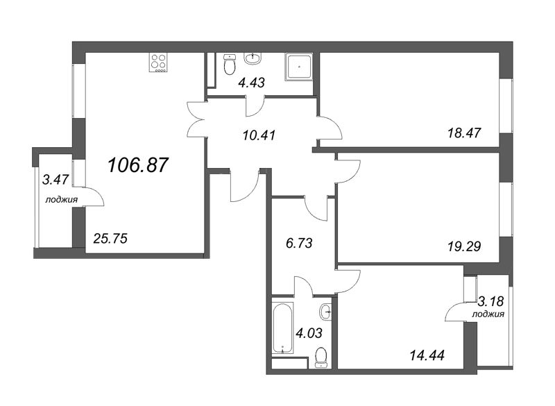 4-комнатная (Евро) квартира, 106.87 м² - планировка, фото №1