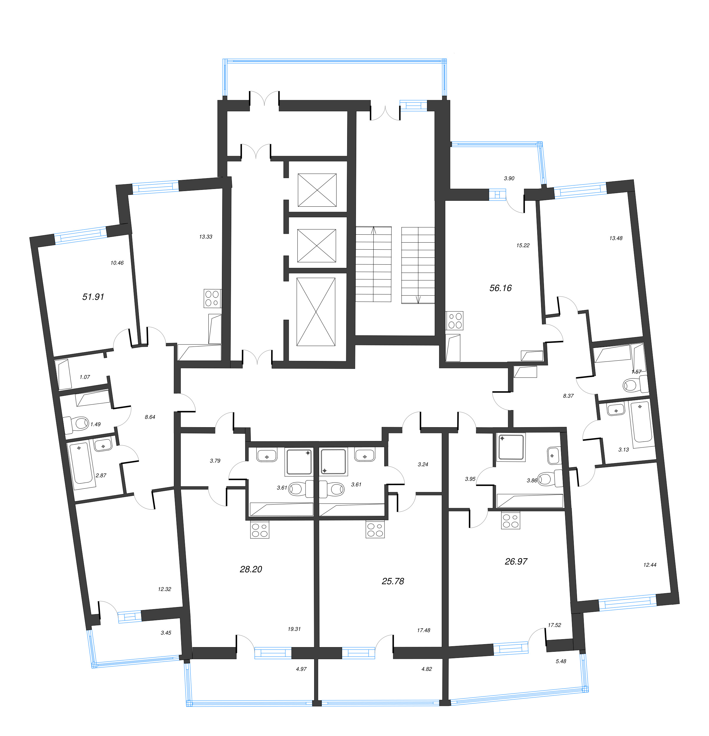 3-комнатная (Евро) квартира, 56.16 м² в ЖК "Дом Левитан" - планировка этажа