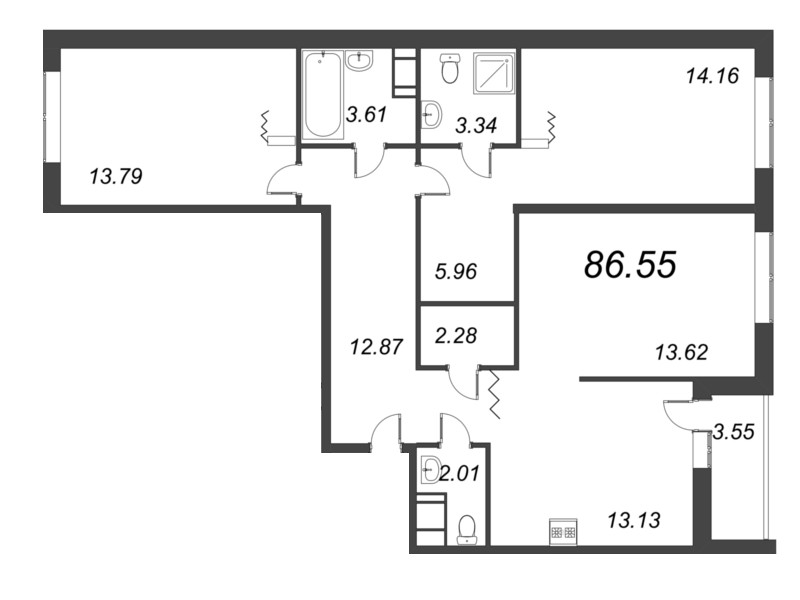 3-комнатная квартира, 87.5 м² - планировка, фото №1