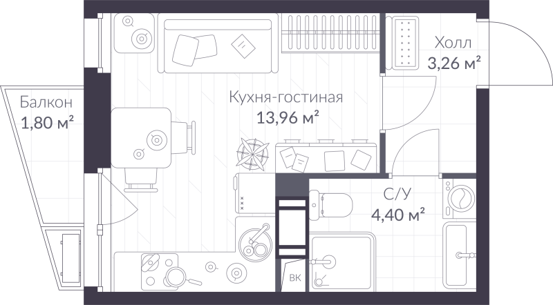 Квартира-студия, 22.16 м² в ЖК "VEREN NORT сертолово" - планировка, фото №1