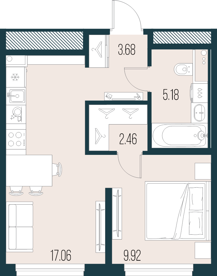 2-комнатная (Евро) квартира, 38.3 м² в ЖК "Новая Земля" - планировка, фото №1