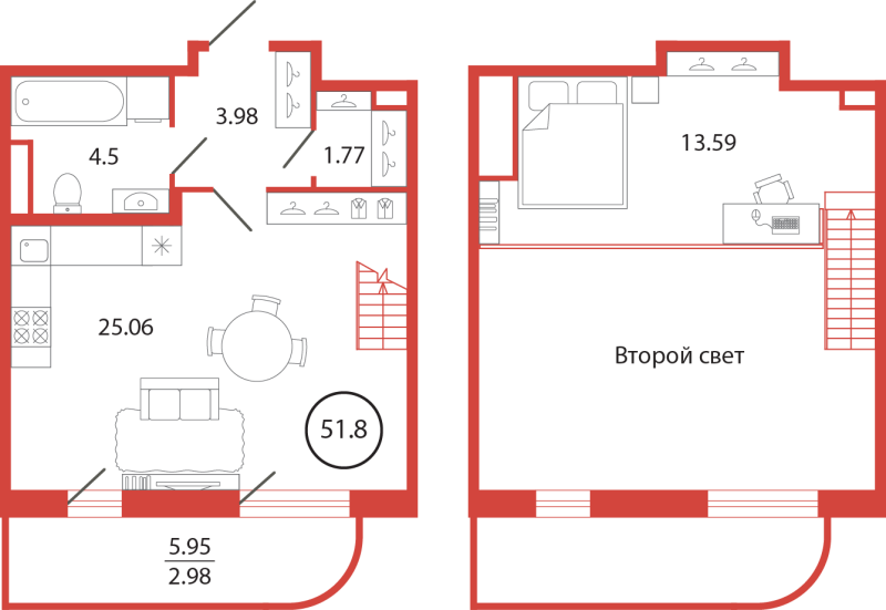 2-комнатная (Евро) квартира, 51.88 м² в ЖК "Энфилд" - планировка, фото №1