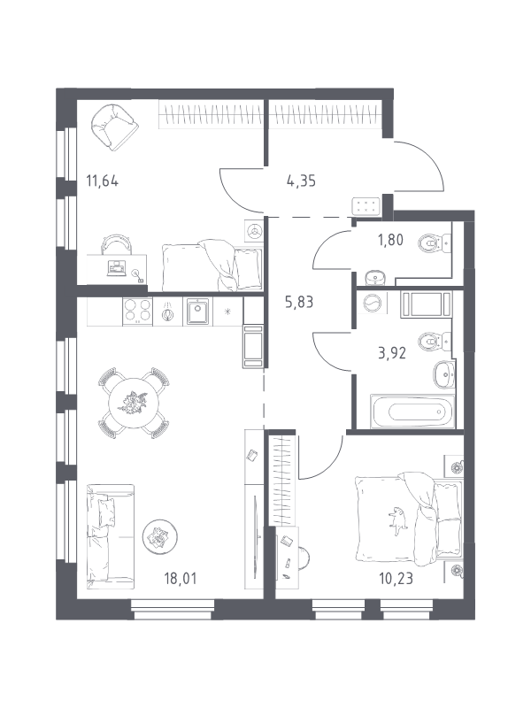 3-комнатная (Евро) квартира, 55.78 м² в ЖК "Новое Колпино" - планировка, фото №1