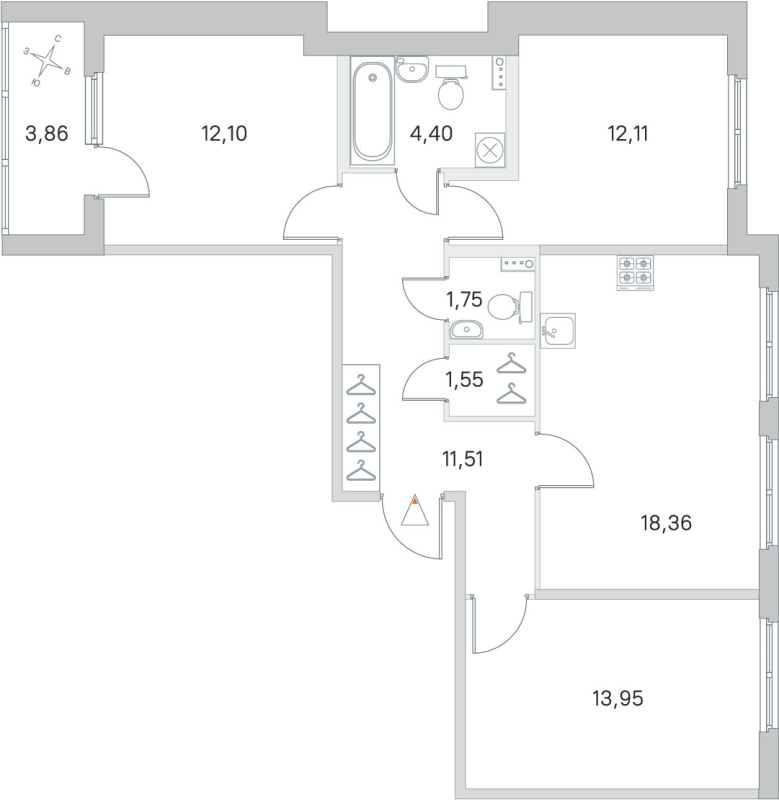 4-комнатная (Евро) квартира, 75.73 м² в ЖК "Любоград" - планировка, фото №1