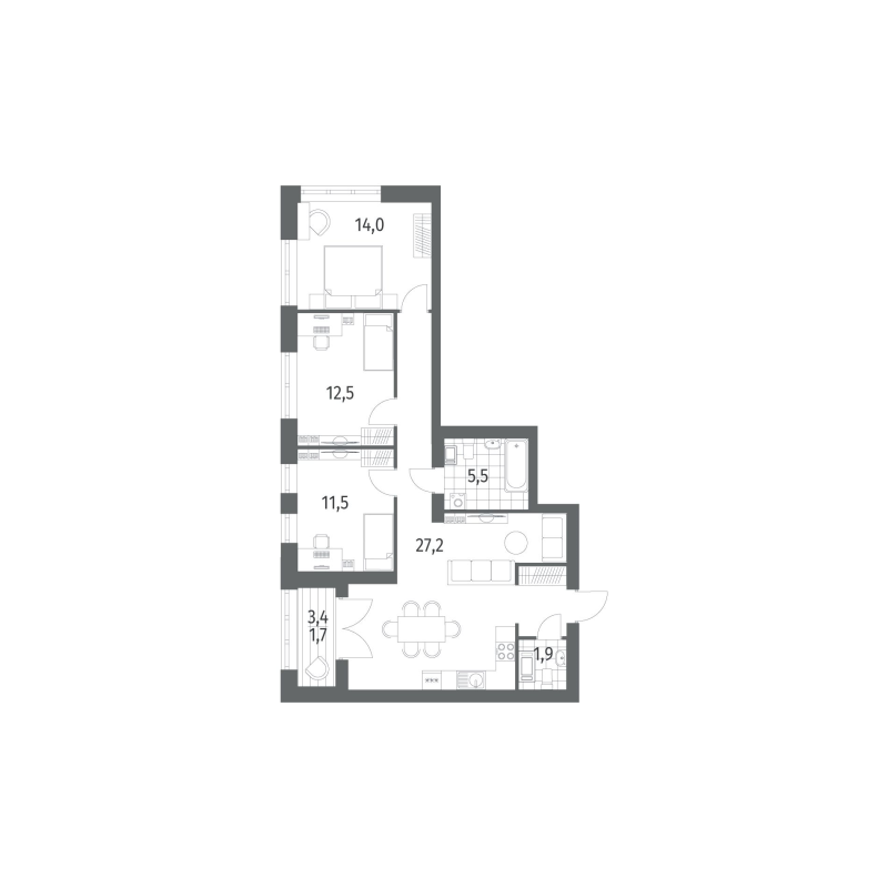 3-комнатная квартира, 84.98 м² - планировка, фото №1