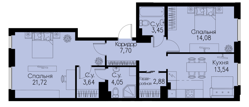 2-комнатная квартира, 71.06 м² - планировка, фото №1