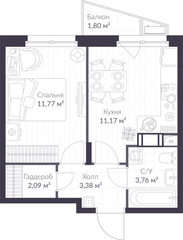 1-комнатная квартира, 32.71 м² в ЖК "VEREN NORT сертолово" - планировка, фото №1
