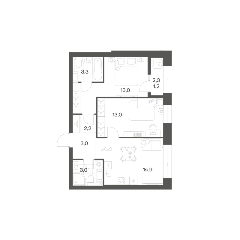 2-комнатная квартира, 53.81 м² в ЖК "Новый Питер" - планировка, фото №1