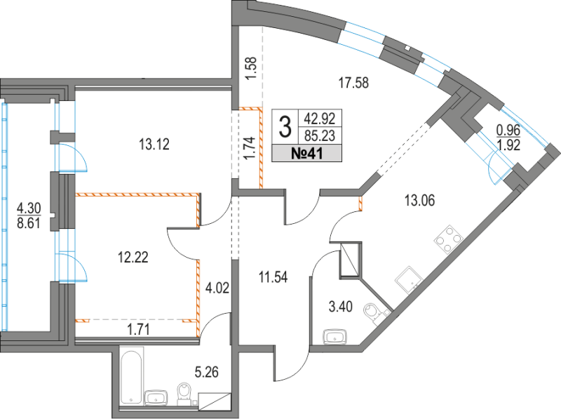 3-комнатная квартира, 85.23 м² - планировка, фото №1