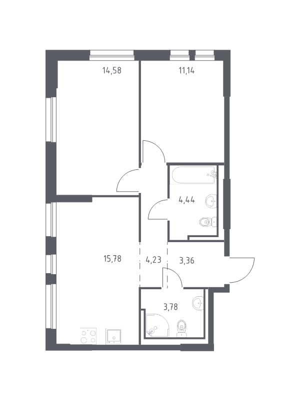 3-комнатная (Евро) квартира, 57.31 м² - планировка, фото №1