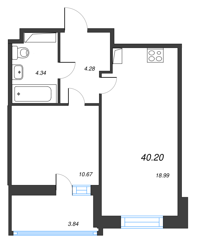 2-комнатная (Евро) квартира, 40.2 м² - планировка, фото №1