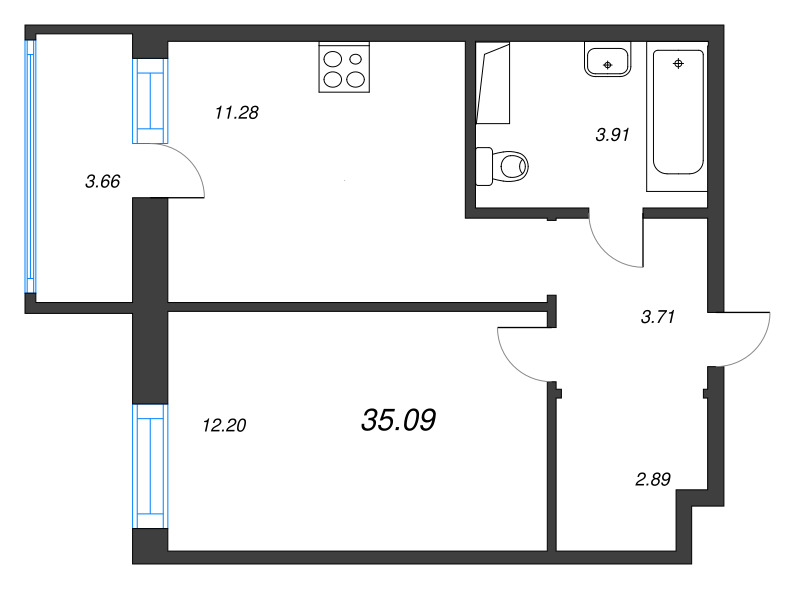 1-комнатная квартира, 35.09 м² - планировка, фото №1