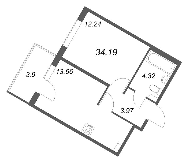 1-комнатная квартира, 34.19 м² в ЖК "Любоград" - планировка, фото №1